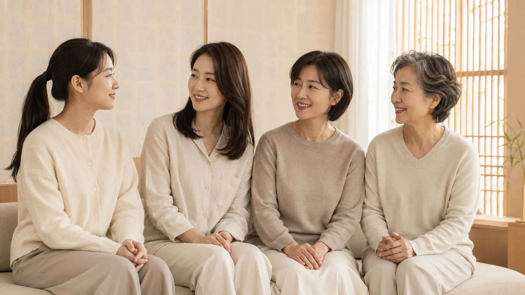 세대가 다른 네 명의 여성이 나란히 앉아 대화하는 모습